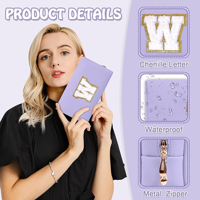 Small Travel Initial Preppy Makeup Bag, Chenille Letter Cute Purple Cosmetic Organizer Toiletry Zipper Pouch, Waterproof Make Up Case Storage Personalized Wedding Gift for Brides Bridesmaids(Letter W)