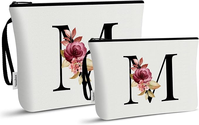 Vavabox A-Z Personalized Makeup Bag, Birthday Gifts for Women Mom, Gifts for Best Friend, Bride Bridesmaid Cosmetic bag (M, 03-White Set)