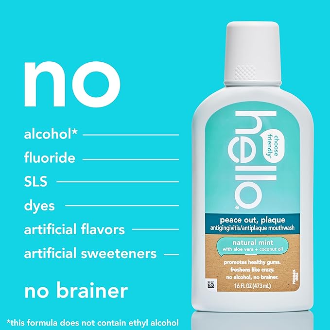 Hello Antiplaque and Whitening Fluoride Free Toothpaste and Peace Out Plaque Antigingivitis Mouthwash, Alcohol Free, Vegan, SLS Free and Gluten Free, 4.7 Ounce Tubes, 16 Ounce Bottle