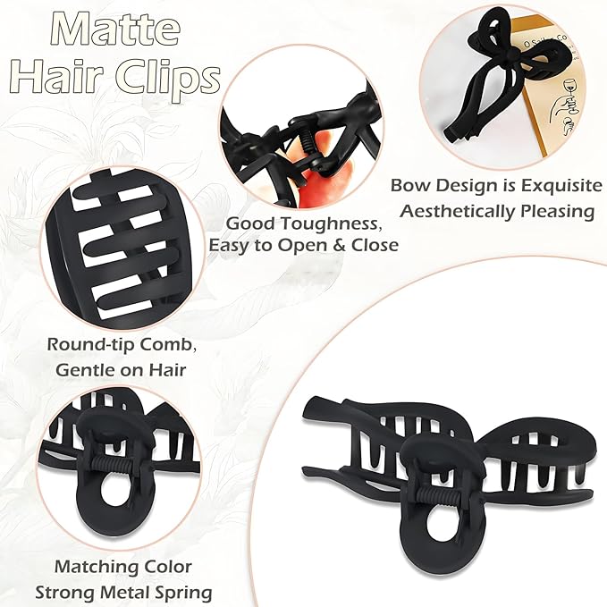 Bow Hair Clips, 5-IN Large Hair Claw for Thick and Thin Hair, Elegant Matte Hair Styling Accessories, Set of 2, Black & White