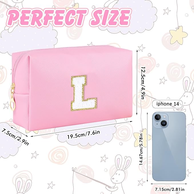 Initial Makeup Bag for Women Travel Small PU Leather Cosmetic Bag Cute Pink Personalized Preppy Chenille Letter Makeup Pouch for Purse Zippered Toiletry Organizer Makeup Case Ideal Gift（L）