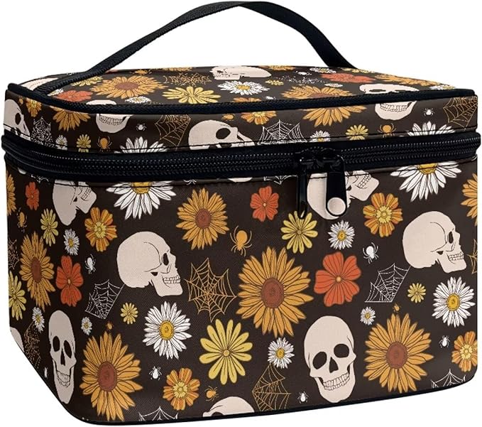 Gothic Skull Daisy Floral Pattern Travel Makeup Bag for Women Large Capacity Cosmetic Bags with Zipper and Handle Make Up Tote Bags Organizer Portable Toiletry Bags