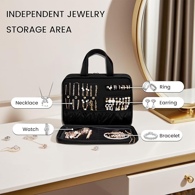 Inmorven Travel Hanging Toiletry Bag for Women, Makeup Cosmetic Bag with Jewelry Organizer, Waterproof DoppKit Set for Girls Large Capacity, Carry-on Travel Accessories Essentials - Black