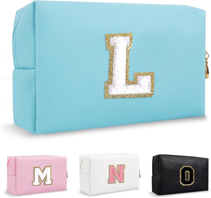 Personalized Initial Preppy Makeup Bag Organizer, Small Blue Cute Travel Cosmetic Bag Toiletry Zipper Pouch for Women, Portable Waterproof PU Make Up Case Birthday Gifts for Friends Teacher(Letter L)