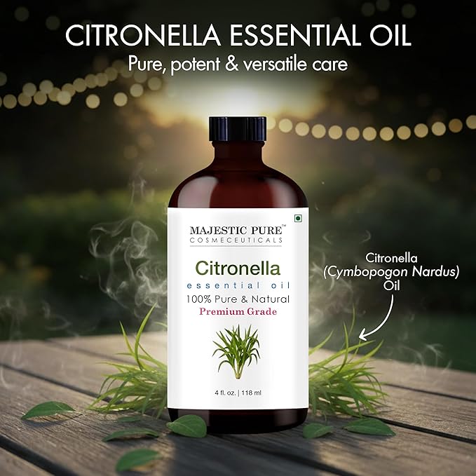 Majestic Pure Citronella Essential Oil with Glass Dropper - 4 Fl Oz - 100% Pure and Natural Citronella Oil - Premium Grade Essential Oils for Diffuser, Aromatherapy, Soap and Candle Making