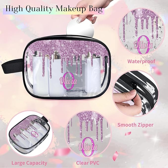 Personalized Clear Makeup Bag with Name, Best Friends Teen Women Mom Birthday Gift PVC Cosmetic Toiletry Travel Bag for Toiletries, Plum Purple Fluid Shape Sequins