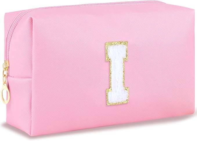 Initial Makeup Bag Personalized Preppy Travel Small Cosmetic Bag Cute PU Pink Chenille Letter Makeup Pouch for Purse Waterproof Zippered Toiletry Organizer for Women Girls Kids Friends (I)