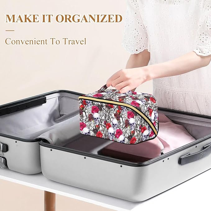 Makeup Organizer Bag, Skulls Rose Flowers Travel Makeup Bags Makeup Vanity Case Large Capacity Rhombus Cosmetic Toiletry Bag for Girl Women Ladies