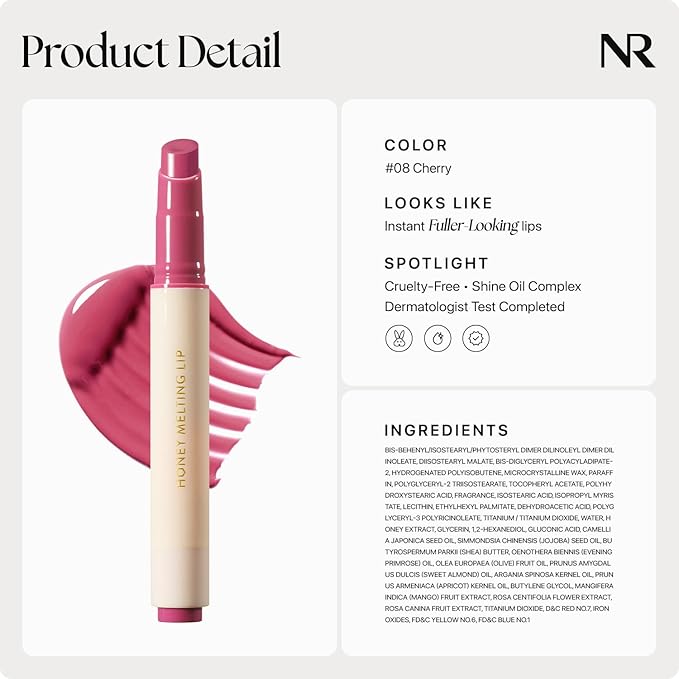 Nature Republic HONEY MELTING LIP (08 DARK CHERRY CHOUX) SOFT LIP STICK, Hydrating Gloss, Moisturizing balms, Sheer tint, Shine & Nude, Glowy Finish, korean make up