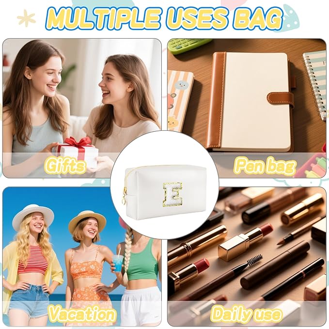 Gifts for Girls Initial Makeup Bag Personalized Cosmetic Bag with Zipper Cute Travel Toiletry Bags Waterproof PU Preppy Makeup Pouch Birthday Gift for Teen Girls Women(White E)