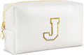 Gifts for Girls Initial Makeup Bag Personalized Cosmetic Bag with Zipper Cute Travel Toiletry Bags Waterproof PU Preppy Makeup Pouch Birthday Gift for Teen Girls Women(White J)