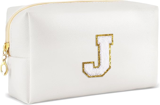 Gifts for Girls Initial Makeup Bag Personalized Cosmetic Bag with Zipper Cute Travel Toiletry Bags Waterproof PU Preppy Makeup Pouch Birthday Gift for Teen Girls Women(White J)