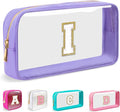 Small Clear Personalized Initial Makeup Bag,Nylon Preppy A-Z Chenille Letter Patch Cosmetic Pouch Beach Toiletry Bag,Waterproof Zip Travel Purse Storage Bag Organizer for Women Girls(Purple-White I)