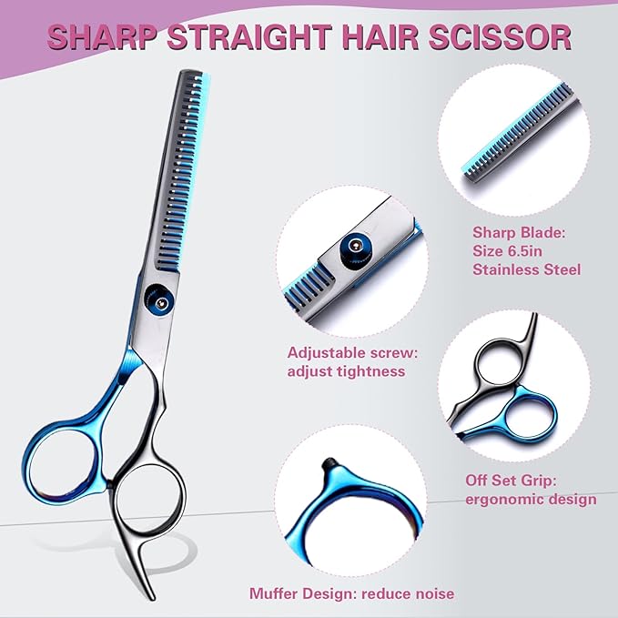Hair Cutting Scissors Kit 11PCS, Professional Haircut Scissors with Japanese Stainless Steel Shears, Thinning Shears, Haircut Accessories in Leather Case for Salon/Home (Black - Blue)