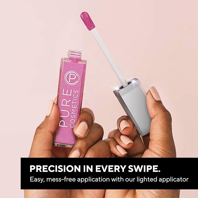 Pure Illumination Light-Up Lip Gloss with LED-Lit Applicator Brush + Side Mirror, Non-Sticky, Moisturizing Hydrating Lip Glosses with Lanolin, Jojoba Oil, & Vitamin E, Clear