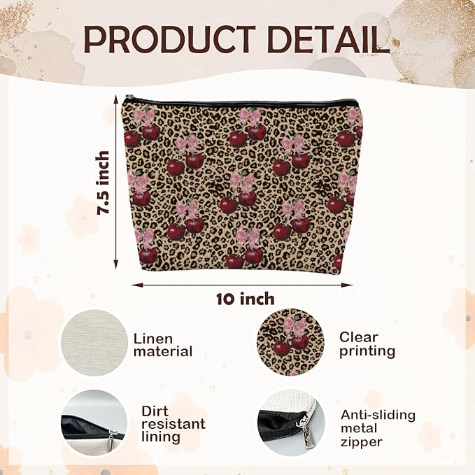 Leopard Print Cherry Makeup Bag, Coquette Preppy Pink Bow Cherry Cosmetic Bags Gifts for Women, Funky Y2k Cheetah Print Portable Travel Toiletry Bag Zipper Makeup Pouch