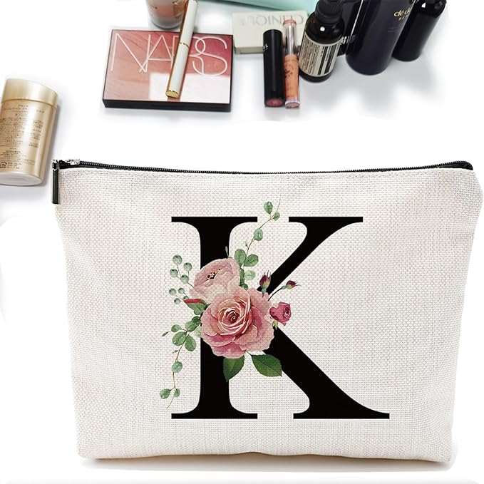 Initial A-Z Personalized Letter Makeup Bag, Monogrammed Bridesmaid Gifts/Presents Cosmetic Bag, Portable Stationery Storage Organizer Pouch, Friendship Love Travel Makeup Bags