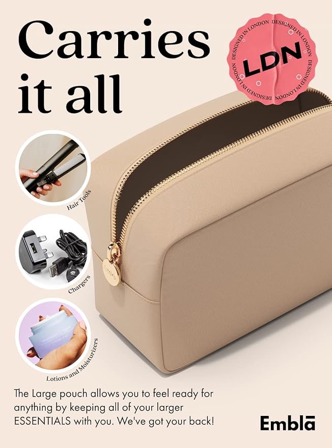 Embla Makeup Bag Travel Cosmetics Pouch and Toiletry Bag, Nylon Zipper Pouch Purse, Cute Make Up Organizer Storage Tote for Women Girls, Waterproof Travel Skincare Case, Large Makeup Bags, Sand