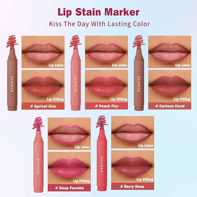 KIMUSE Lip Stain Set, 5 PCS Long Lasting Waterproof Smudgeproof Lip Liner Stain, Matte Natural Finish, All Day Wear Lip Color