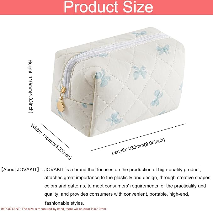 JOVAKIT Square Makeup Bag Cute Cosmetic Bag for Women, Floral Coquette Aesthetic Toiletry Bag, Zipper Make Up Pouch, Travel Make Up Organizer Bag (Blue Bow Tie)