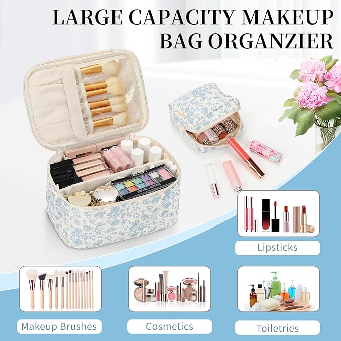 OCHEAL Makeup Bag Set, Portable Travel Makeup Bags Cosmetic Organizer Bag for Women Cute Floral Cosmetic Pouch Large Capacity Make up Bag Toiletry Bags with Divider and Handle-Floral