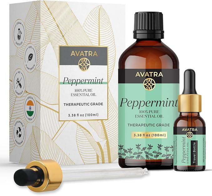Avatra Peppermint Essential Oil 100ML (3.38 OZ) with Glass Dropper and Travel Bottle, Pure and Natural Therapeutic Grade Peppermint Oil for Diffuser, Aromatherapy, Massage, and DIY Candle Products