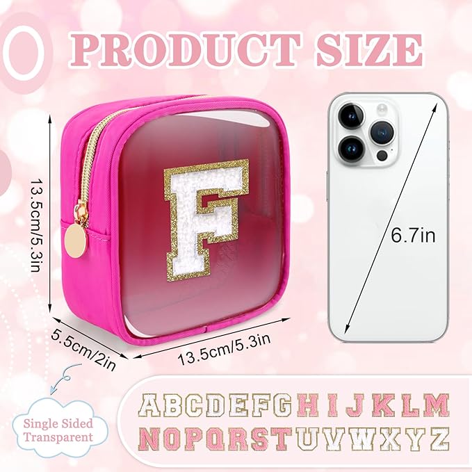 Mini Clear Personalized Initial Makeup Bag,Nylon Preppy A-Z Chenille Letter Patch Zipper Cosmetic Bag, Small Cute Beach Pouch Travel Purse Sanitary Napkin Storage Bag for Women Girls(Hot Pink-White F)