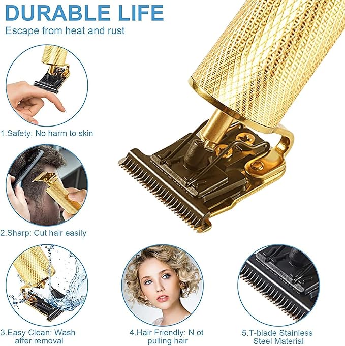 Hair Clippers for Mens Zero Gapped Cordless Hair Trimmer T-Blade Trimmer Professional Haircut & Grooming Kit Rechargeable Edgers Clippers Hair Trimmer Shaver Cutting Kit with LCD Display (Gold)