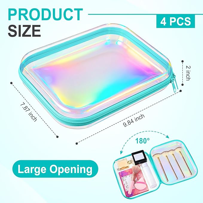 Hoolerry 4 Pcs Hard Clear Zipper Case Makeup Bags Plastic Pencil Pouch Transparent Storage Box Containers for Cosmetics, Snacks, Building Blocks, Puzzles(Blue Laser,9.8 x 7.9 x 2 in)