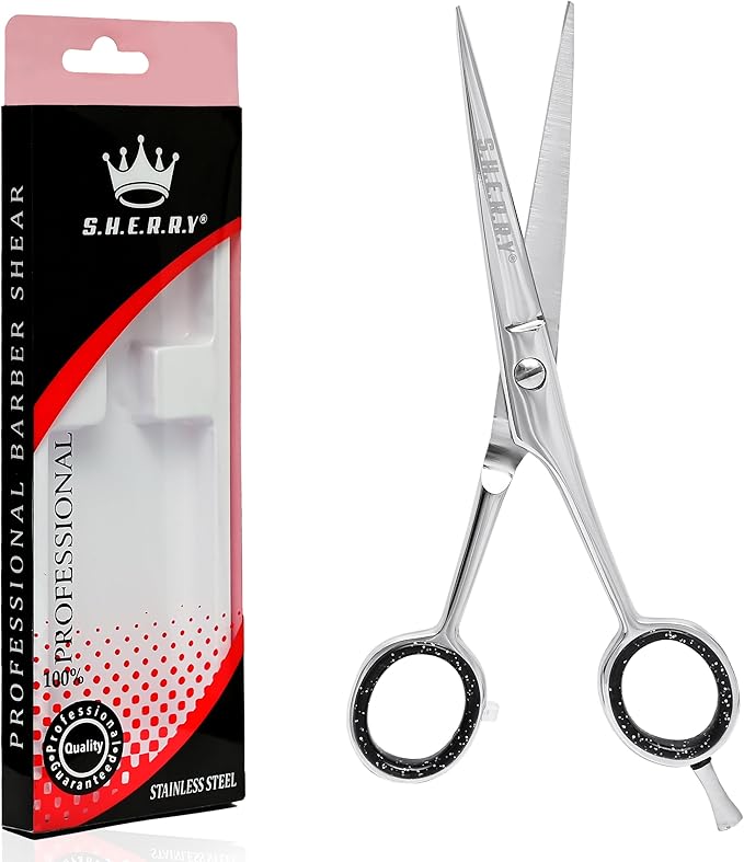 Professional Barber Shears 6.5” – High Carbon Stainless Steel Hair Cutting Scissors with Razor Sharp Edge for Salon & Home Use by S.H.E.R.R.Y (silver, 6.5)