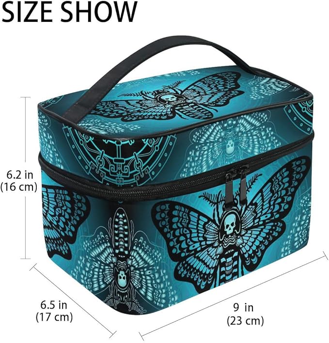 Makeup Bags, Gothic Blue Skull Moth Butterfly Makeup Organizer Bags Toiletry Bag Box Travel Cosmetic Bag Make Up Train Case for Women Teen Girl Ladies