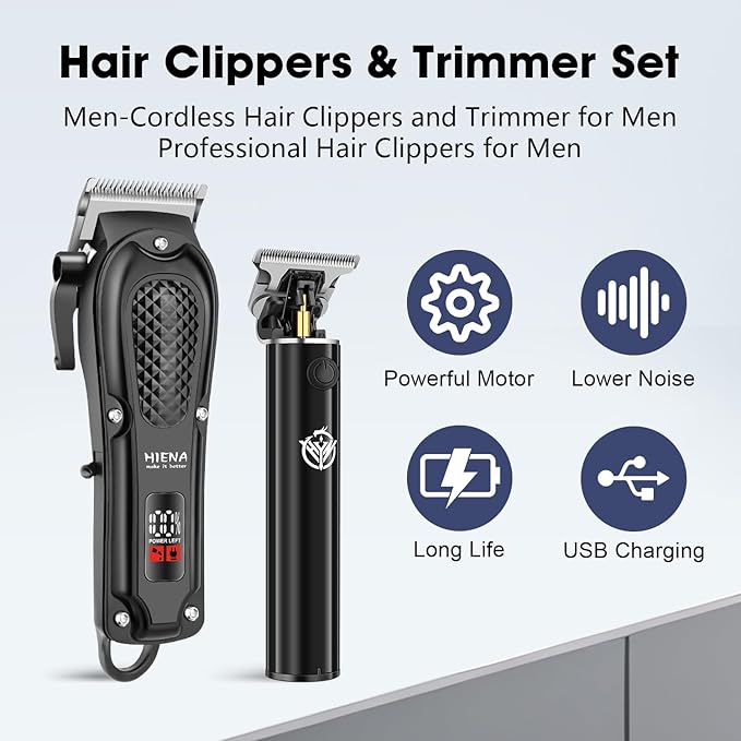 HIENA PRO Professional Hair Clippers and Trimmers Kit, Cordless Rechargeable Clippers with LED Display, Haircut Clipper Set for Barbers, Gifts for Men