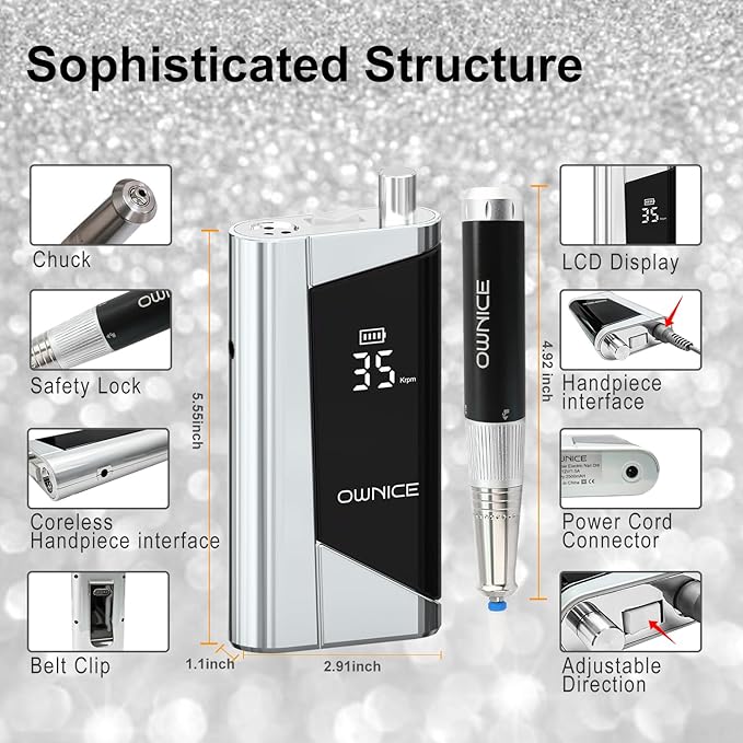 Electric Professional Nail Drill 35000RPM Cordless Portable Nail E-File Buffer Tools with Bits Perfect for Salon Manicure Pedicure Acrylic, Gel, Natural Nails(Sky Silver)