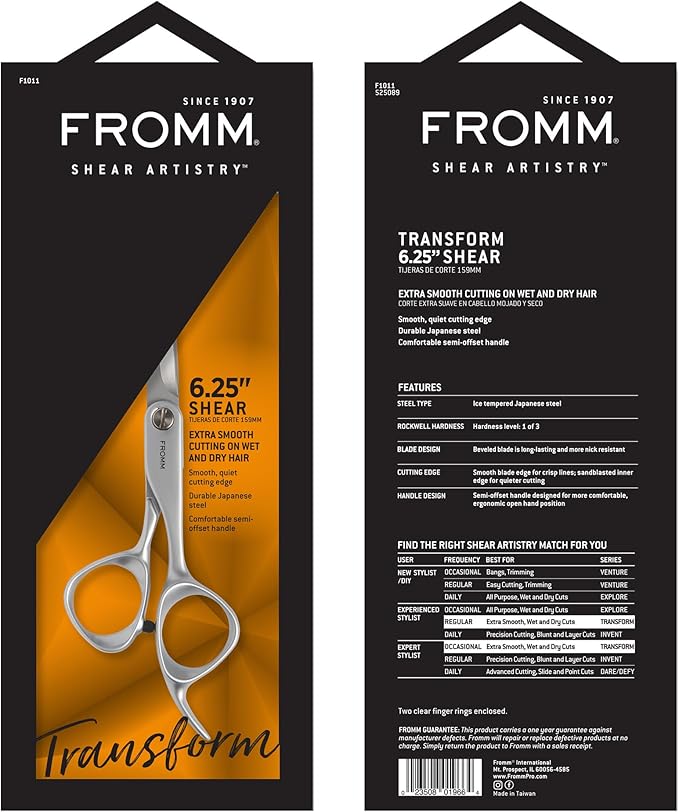 Fromm Transform 6.25" Extra Smooth Hair Cutting Shears for Wet and Dry Hair, Polished Silver Japanese Steel Scissors with Beveled Blade