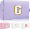 Iqimott Personalized Initial Letter Patch Makeup Bag, Preppy Small Chenille Letter Cosmetic Bag with Zipper, PU Leather Waterproof Travel Toiletry Bag Monogram Make Up Pouch for Women Girls(Letter G)