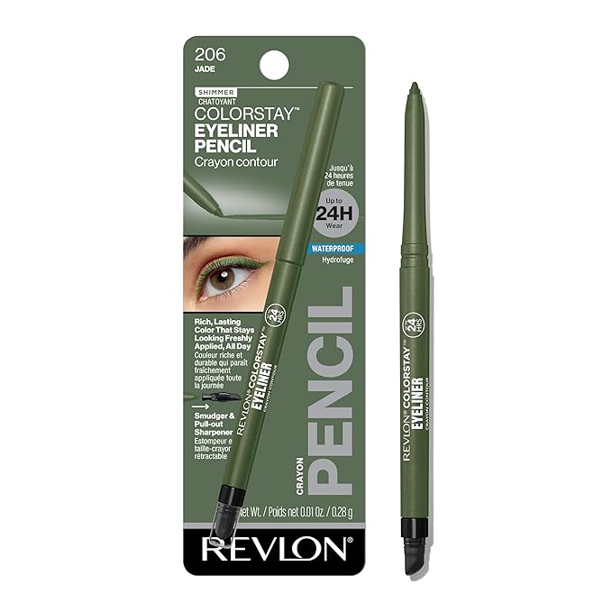 Revlon ColorStay Pencil Waterproof Eyeliner, Smudge-Proof, Eye Makeup with Built-In Sharpener, Stocking Stuffer for Women, 206 Jade, 0.01 oz