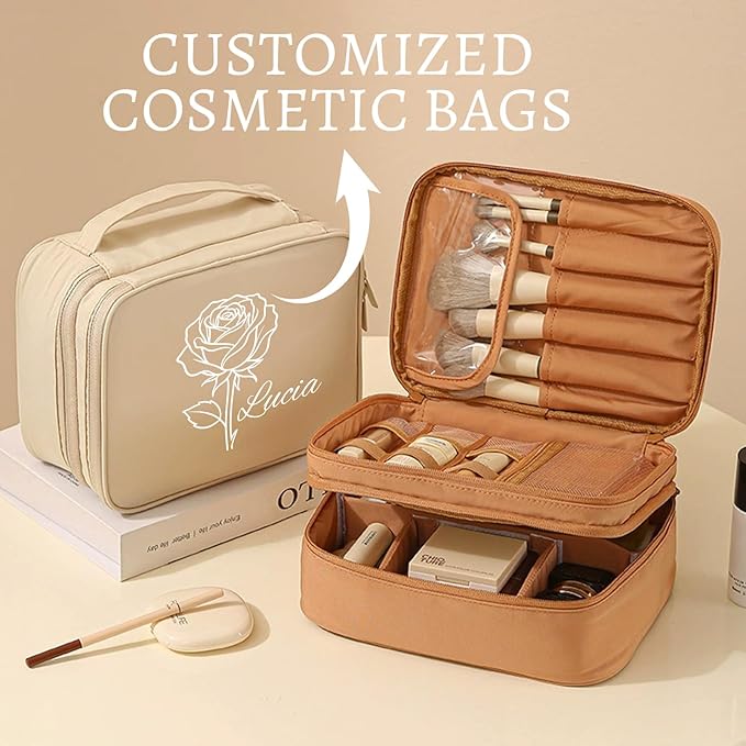 Custom Makeup Bag, Personalized Travel Toiletry Bag,Portable Cosmetic Bag with Elastic Straps,Makeup Organizer with Adjustable Dividers,Christmas and Wedding Gifts for Friend and Bridesmaid.
