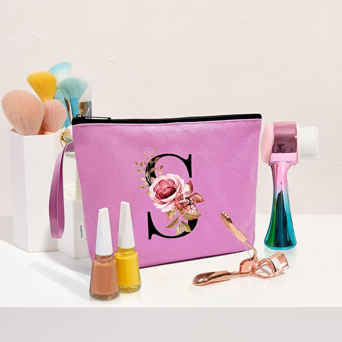Vavabox A-Z Personalized Makeup Bag, Birthday Gifts for Women Mom, Gifts for Best Friend, Bride Bridesmaid Cosmetic bag (S, Purple)