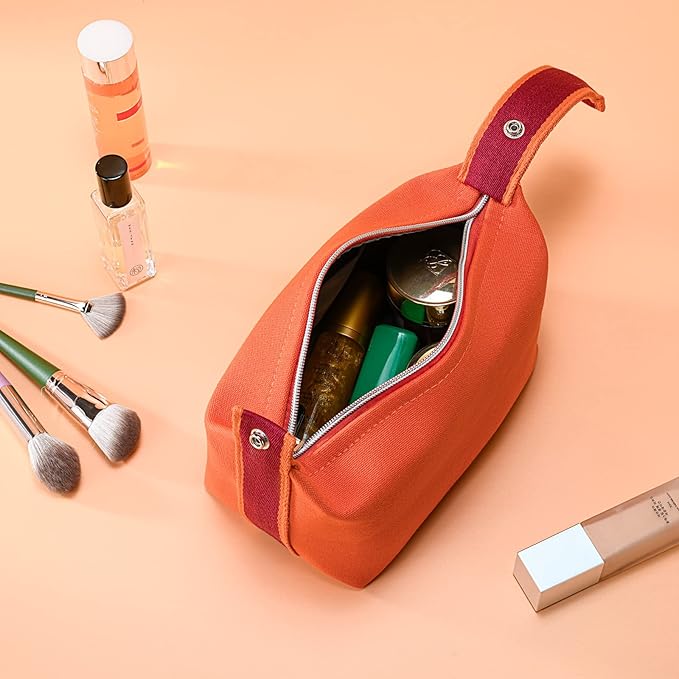 Fashion Makeup Bag for Women, Orange Red Canvas Make up Travel Bag, Hanging Cosmetic Bag Organizer for Wome