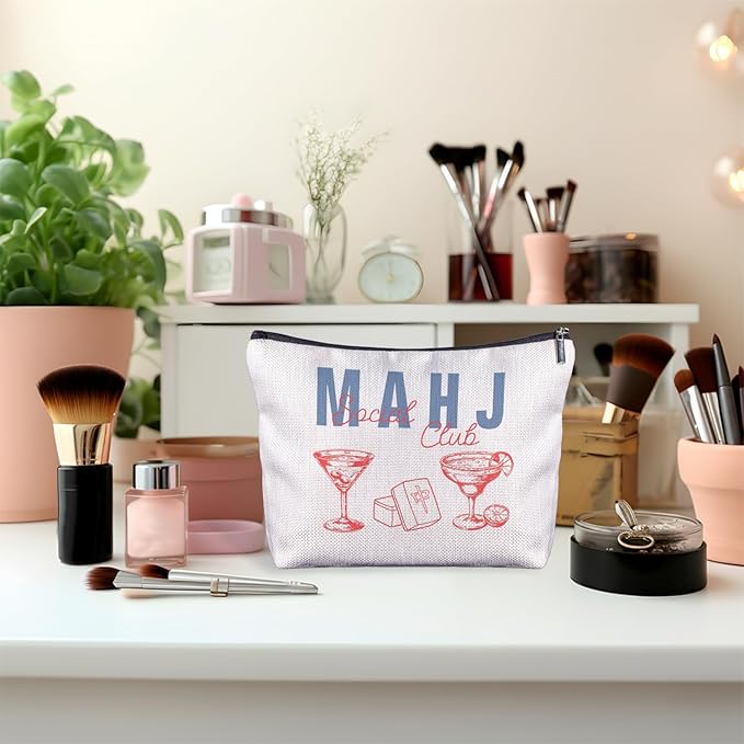Trendy Mahjong Cocktail Makeup Bag, Mahjong Lover Player Gifts Cosmetic Bags for Women, Gifts for Cocktail Lovers Makeup Zipper Pouch