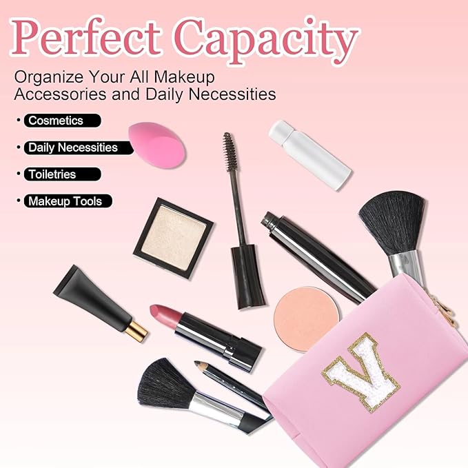 Small Personalized Letter Makeup Bag, Cute PU Leather Chenille Letters Cosmetic Bag Travel Makeup Pouch, Preppy Travel Organizer Zipper Pouch for Women&Girls（Pink-V）