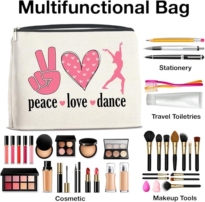 Dance Gifts Makeup Bag Dance Recital Gifts for Girls Women Students Dancers Cosmetic Bag Dance Competition Gift Peace Love Dance Zipper Makeup Pouch, polychrome