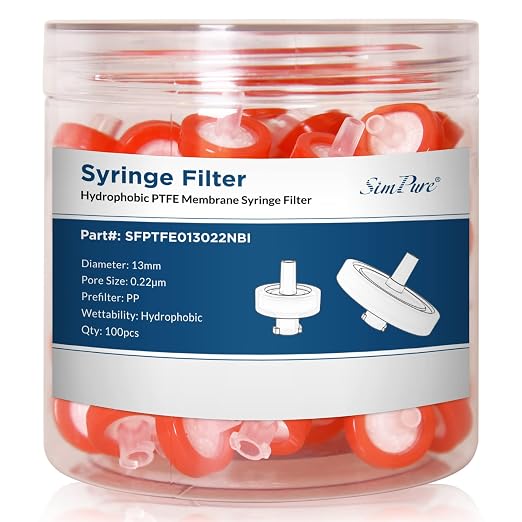 SimPure Syringe Filter PTFE Hydrophobic Membrane 500 PCS, 0.22um Pore Size by SimPure_Water