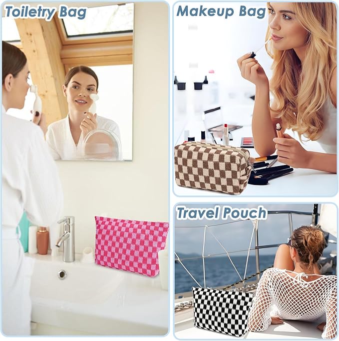 Travel Makeup Bag, Checkered Cosmetic Bag Make Up Organizer Case for Women, Small Toiletry Bag Skincare Pouch for Toiletries Accessories Brushes, 2PCS