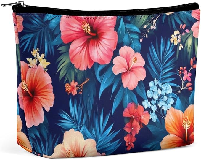 Travel Cosmetic Bag, Large Makeup Case, Toiletry Bag, Personality Fashion Zipper Cosmetic Case Tropical Hawaiian Colorful Hibiscus Flowers