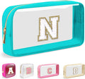 Small Clear Personalized Initial Makeup Bag,Nylon Preppy A-Z Chenille Letter Patch Cosmetic Pouch Beach Toiletry Bag,Waterproof Zipper Travel Purse Storage Bag Organizer for Women Girls(Cyan-White N)