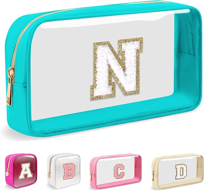 Small Clear Personalized Initial Makeup Bag,Nylon Preppy A-Z Chenille Letter Patch Cosmetic Pouch Beach Toiletry Bag,Waterproof Zipper Travel Purse Storage Bag Organizer for Women Girls(Cyan-White N)