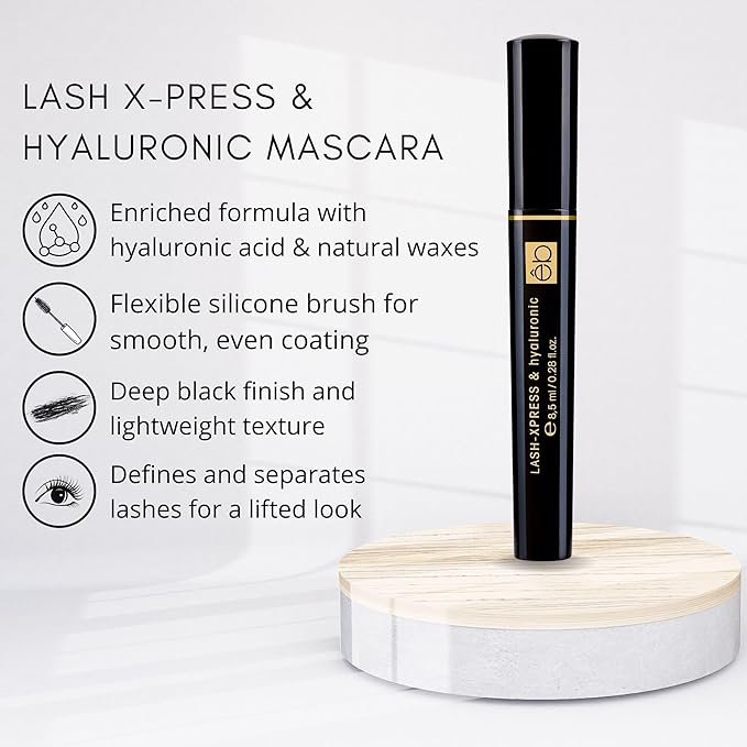 êb être belle Cosmetics Lash X-Press & Hyaluronic Mascara for Women, Conditioning Mascara with Hyaluronic Acid, Beeswax & Rice Bran Wax, Flexible Silicone Brush, Quick Dry Rimel Formula