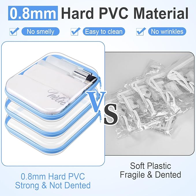 Hoolerry 3 Pcs Clear Hard Zipper Case Plastic Pouch Transparent Hard Case Clear Makeup Bag Portable Travel Organizer Bin for Cosmetics, Building Blocks, Puzzles(Blue,M)