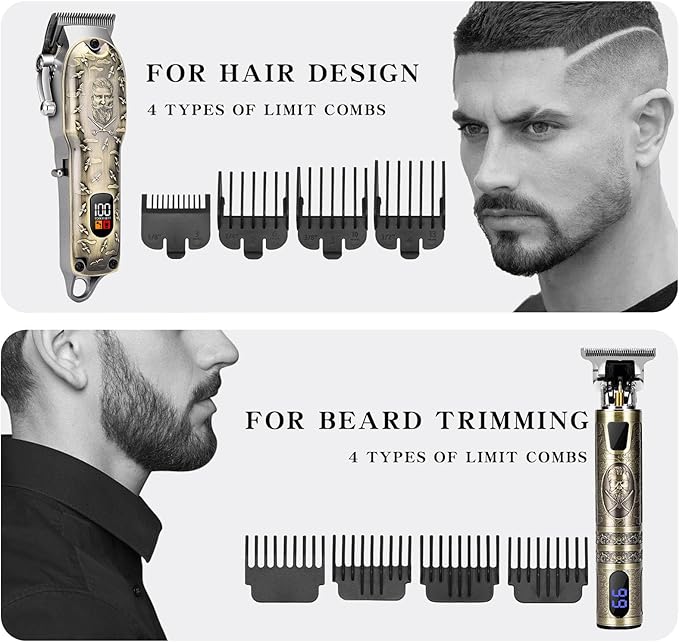Professional Hair Clipper Set, Digital Display Trimmer Kit with Accessories, Barber Case and Cape, Vintage Design